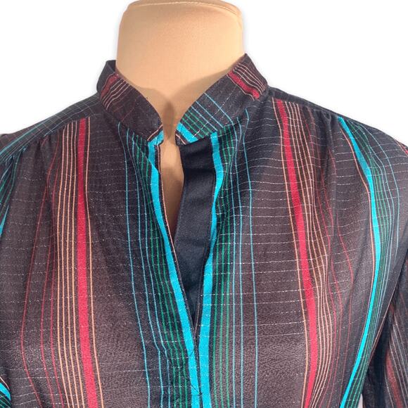Vintage 80s Striped Sheer Blouse Black Burgundy Belted Waist Metallic Large - Picture 8 of 11